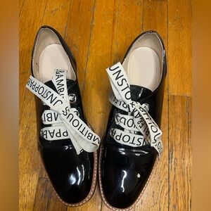 Zara Woman’s Black Patent Leather Shoes with Text Ribbon